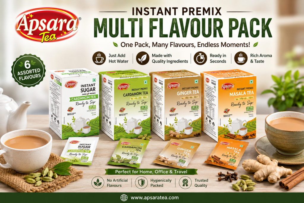 Instant Premix Multi Flavour Pack by Apsara Tea with Masala, Cardamom, Ginger and assorted instant tea flavours.